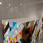 Tall Four-Door Sideboard with Multicolor Faceted Geometric Panels Nine Internal Drawers and Gold-Tone High-Gloss Stainless Steel Circular Base